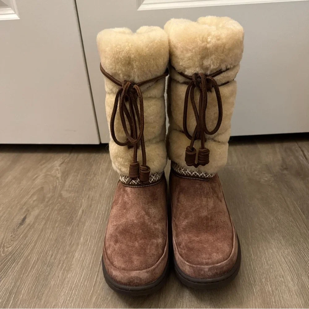 UGG Maxie Waterproof Suede and Shearling Boots - Brown and Cream - Picture 1 of 6